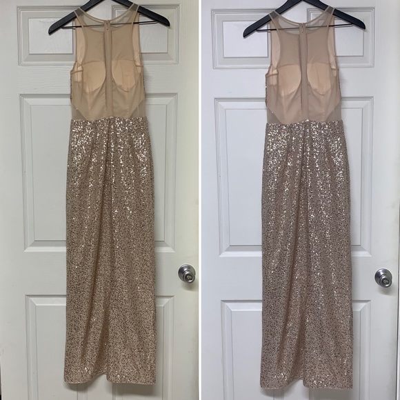 AIDAN BY AIDAN MATTOX Champagne Silver Halter Sequin Illusion Cut Open Back Gown - Picture 7 of 15